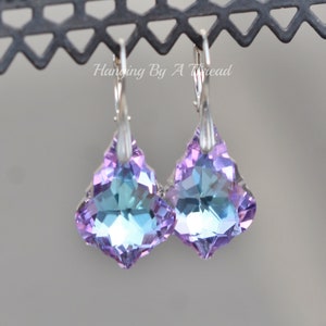 LIMITED Swarovski Large Baroque Vitrail Light Rhinestone Drop,Sterling Silver Large Crystal Earring,Leverback Swarovski Crystal,Purple