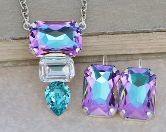 QUASI ESAURITO! Orecchini Swarovski Vitrail viola chiaro arcobaleno, grande pendente con cristalli sovrapposti, orecchino, chiusura a leva, stile vistoso, a strati, colore acquamarina chiaro