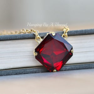 LIMITED Large Square Crystal Pendant,Ruby Pink Gold Necklace,Layering,Vintage Swarovski Crystal Necklace,Red Pink Cushion,Scarlet,Unique