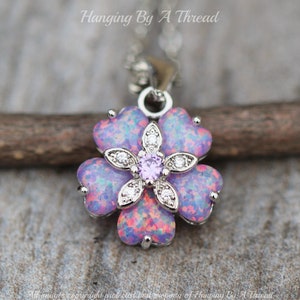 NEW Purple Opal Flower Pendant Necklace,Silver Purple Lab Created Opal,Floral Flower Pendant Necklace,October Birthstone,Unique,Gift,Layer
