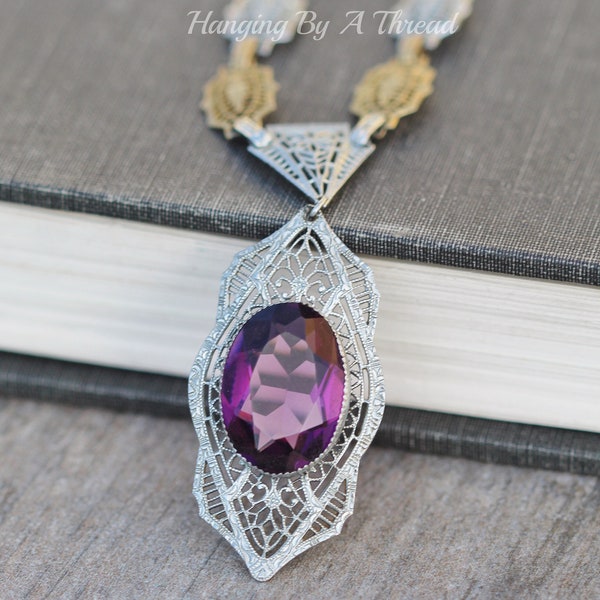 STUNNiNG PSCO Art Nouveau Amethyst Glass Filigree Necklace,Two Tone Lavaliere,Plum Eggplant Purple Pendant,1920s Necklace,Bridal Pendant