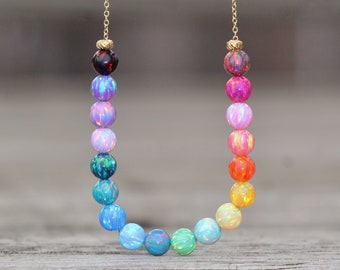 NEW Rainbow Opal Gemstone Necklace,6mm Opal Beaded Necklace,Lab Created Opal Gemstone,LGBTQ Gay Pride,Gold Filled Opal Necklace,Layer,Gift