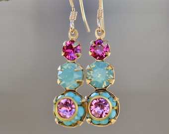 LIMITED Cotton Candy Stacked Crystal Earrings,Pacific Mint Opal,Turquoise,Fuchsia Earrings,Rondelle Setting,Gold Filled,Dangle Drop,Gift