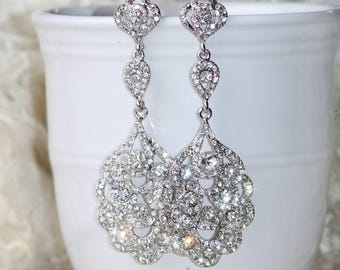 Longue boucle d'oreille lustre en cristal argenté et rhodié, longue goutte de strass transparent en argent rhodié, tige d'affichage, boucles d'oreilles pour la mariée, pendentif, grande