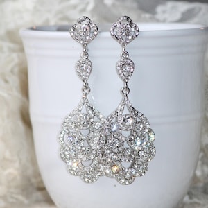 NEW Silver Long Crystal Chandelier Earring,Silver Rhodium Crystal Clear Long Rhinestone Drop,Stud Post,Bridal Wedding Earrings,Dangle,Large