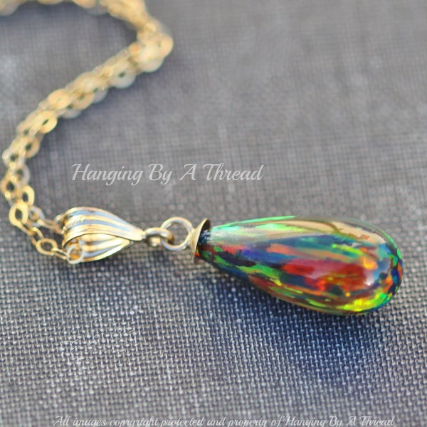 STUNNING Black Opal Drop Pendant,Long Teardrop Opal Necklace,14K Gold Filled,Lab Created Opal Gemstone,Rainbow,Unique,October Birthstone