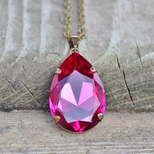 Large Vintage Fuchsia Rhinestone Pendant Necklace,Estate,Victorian,Large Teardrop Pear Necklace,Statement,Bright Hot Pink,Layering,Gift