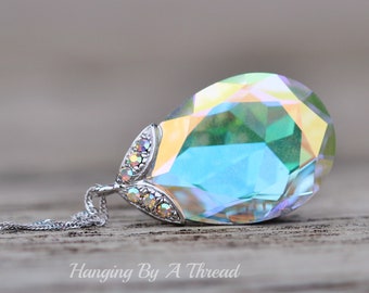 LIMITED Vintage Crystal AB Large Pear Pendant Necklace,Silver Crystal Aurora Borealis Paved Bail,Long Pendant Necklace,Layering,Pastel