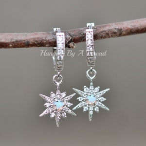 NEW Dainty Opal Star Earrings,Silver Huggie Hoop Earring,Tiny Silver Opal Charm,Pave Pave CZ Hoop,Minimalist,Cartilage Piercing,Celestial