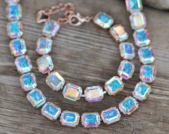 LIMITED Crystal AB Octagon Tennis Necklace & Bracelet Set,Rectangle Emerald Cut Jewel,Crystal Aurora Borealis,Pastel Rainbow,Northern Lights