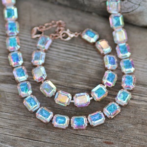 LIMITED Crystal AB Octagon Tennis Necklace & Bracelet Set,Rectangle Emerald Cut Jewel,Crystal Aurora Borealis,Pastel Rainbow,Northern Lights