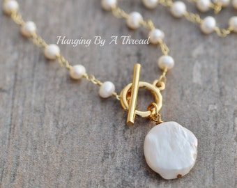 Large Baroque Pearl Choker Necklace,Small White Pearl Rosary Chain,Toggle Clasp,Layering Layer Necklace,Birthstone,Gold Pearl Choker,Gift