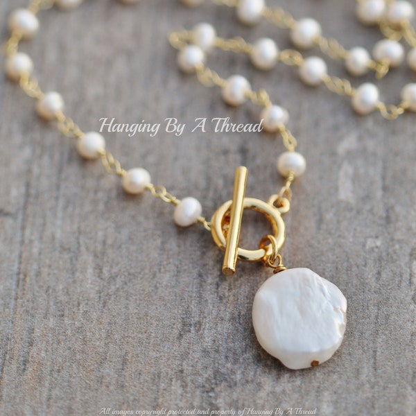 Large Baroque Pearl Choker Necklace,Small White Pearl Rosary Chain,Toggle Clasp,Layering Layer Necklace,Birthstone,Gold Pearl Choker,Gift