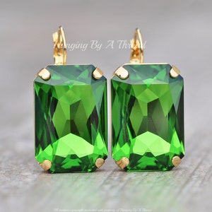 LARGE Fern Green Octagon Swarovski Rhinestone Earrings,Fern Light Spring Green,Large Rectangle,Lever Back,Rhinestone Crystal Drop,Statement