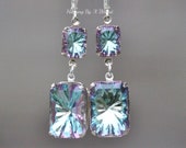 RARE Swarovski Vitrail Light Rhinestone Earrings,Swarovski Dangle Earrings,Starburst Cut Vintage Stone,Rivoli Cut,Violet Rainbow,Silver,Gift