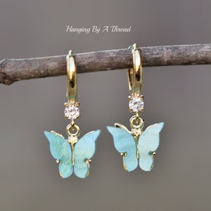 NEW Mint Green Butterfly Hoop Earrings,Small Butterfly Charm Dangle,Gold Huggie Hoops,Cartilage,Lightweight,Small Butterfly Earring,Nature