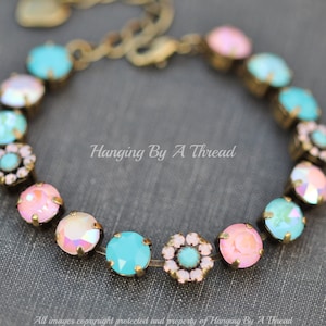 Swarovski Rose Water Opal/Turquoise Blue Flower Embellished Bracelet,Crystal Tennis Bracelet,Powder Pink AB,Blue Pink Pastel,Shimmer,Stack