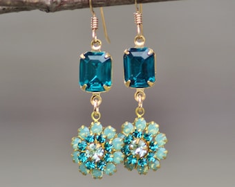 LIMITED Swarovski Pacific Opal & Teal Flower Earrings,Crystal Rhinestone Drop Earring,Embellished Floral Drop Dangle,Mint Blue Green,Gold