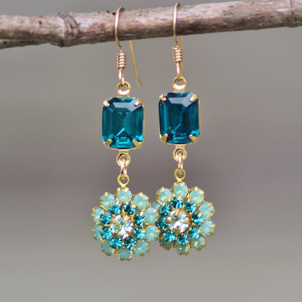 LIMITED Swarovski Pacific Opal & Teal Flower Earrings,Crystal Rhinestone Drop Earring,Embellished Floral Drop Dangle,Mint Blue Green,Gold