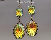 RARE Swarovski Sahara Rhinestone Earrings,Swarovski Dangle Earrings,Starburst Cut Vintage Stone,Rivoli Cut,Dark Rainbow,Brass Leverback,Gift