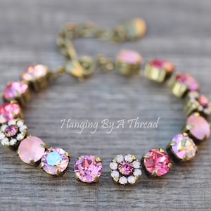 Bracelet orné de fleurs d'opale rose blush Swarovski, bracelet tennis en cristal, rose clair, bleu glacier, chatoyant, superposition, superposition