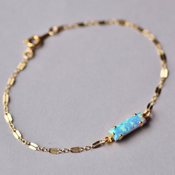 LIMITED Sky Blue Opal Baguette Bracelet,14K Gold Filled Lacy Filigree Bracelet,Small Opal Bracelet,Gift For Her,October Birthstone,Rectangle