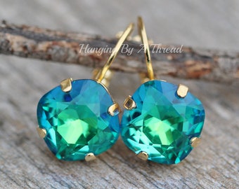 NEW COLOR Blue Green Rainbow Cushion Earrings,12mm Cushion Cut Lever Back,Rounded Square,Dangle Drop,4470 Earrings,Gold,Gift For Her,Unique