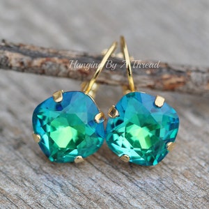 NEW COLOR Blue Green Rainbow Cushion Earrings,12mm Cushion Cut Lever Back,Rounded Square,Dangle Drop,4470 Earrings,Gold,Gift For Her,Unique