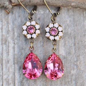 Swarovski Rose Water Opal & Rose Flower Earrings,Crystal Rhinestone Drop Earring,Embellished Floral Drop Dangle,Antique Brass Leverback,Gift