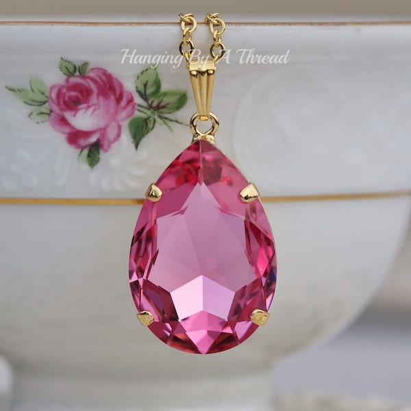 RARE Rose Pink Large Pear Pendant,Swarovski Crystal Rhinestone Necklace,Long Layering Layer Necklace,Bright Pink,Gold,Gift,Statement