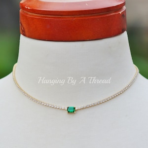 NEW Tiny Gold Emerald Green CZ Tennis Necklace,Small Dainty Bridal Necklace,Rectangle Jewel,Golden Link,3mm Clear Diamond Necklace,Wedding