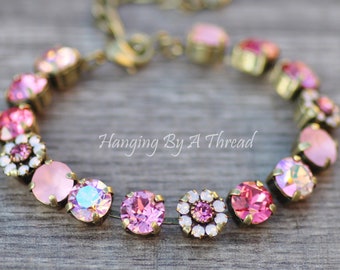 Swarovski Blush Pink Opal Flower Embellished Bracelet,Crystal Tennis Bracelet,Light Rose Pink,Glacier Blue,Shimmer,Stacking,Layer