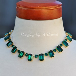 NEW Large Emerald Green Octagon Tennis Necklace,Imperial Crystal Choker,Collet Necklace,Crystal Choker,Emerald Green Rhinestone,Gold,Gift