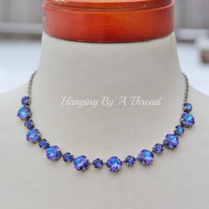 LIMITED Swarovski Heliotrope Tennis Necklace,Cushion Rounded Square Necklace,Antique Silver,Blue Purple,Mixed Crystal Tennis Necklace,Gift