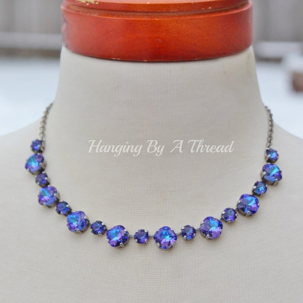 LIMITED Swarovski Heliotrope Tennis Necklace,Cushion Rounded Square Necklace,Antique Silver,Blue Purple,Mixed Crystal Tennis Necklace,Gift