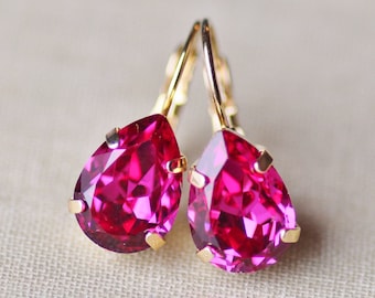 Fuschia Hot Bright Pink Crystal Rhinestone Earring,Small Teardrop Pear,Drop Earring,Petite Hot Pink Rhinestone Dangle,Bridal,Weddings