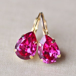 Fuschia Hot Bright Pink Crystal Rhinestone Earring,Small Teardrop Pear,Drop Earring,Petite Hot Pink Rhinestone Dangle,Bridal,Weddings