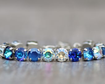 NEW Royal Blue De Lite Tennis Bracelet,8mm Swarovski Blue Crystal Bracelet,Mixed Shades of Blue,Transmission,Silver Stacking,Rhinestone,Gift