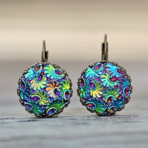ALmOsT GONE JeT AB Carnival Glass Earrings,Dark Rainbow Jewel Toned,Crown Set Antique Brass Lever Back,Gift For Her,Unique,Dangle,Paisley