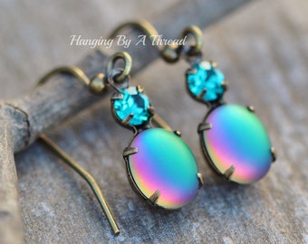 LIMITED STOCK Vintage Matte Iridescent Vitrail Earrings,Vitrail Medium Teal Dangle Drop,Stacked Crystal,Antique Brass,Petite Small,Rainbow