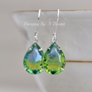 RARE Vintage Blue Green Givre Crystal Earrings,Teal Aqua Blue,Peridot Lime Green,Two Tone Crystal Earrings,Lever Back,Silver,Unique