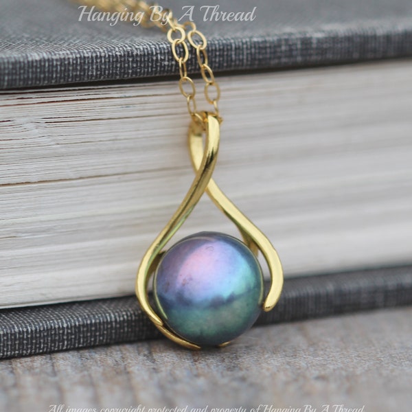 Stunning Peacock Oil Slick Pearl Cage Pendant,Blue Purple Grey Large Round Pearl Necklace,14K gold Vermeil Genuine Freshwater Pearl,June