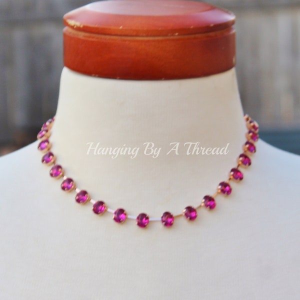 LIMITED Fuchsia Crystal Necklace,Oval Link Tennis Necklace,Bright Pink,Swarovski Crystal Choker,Rose Gold Oval Rhinestone,Layering,Gift