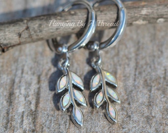 Tiny Silver Opal Leaf Earrings,White Branch Opal Inlaid Inlay,Huggie Hoop,Silver,Autumn,Nature,Small Dangle Earrings,Created Opal,Gift
