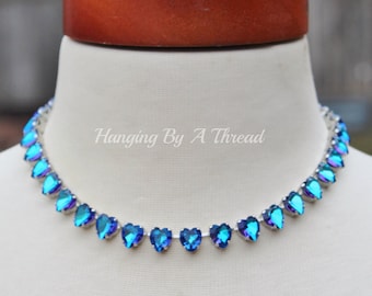 LAST 1 Crystal Bermuda Blue Heart Shaped Necklace,Heart Choker,Blue Purple Crystal Rhinestone Necklace,Silver Necklace,Unique,Bridal,Gift