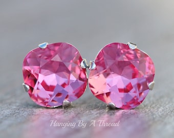 LIMITED COLOR Rose Swarovski Cushion Earring,Lever Back Or Post,Rhinestone Crystal Drop Earring,Bright Pink,Antique Square,Silver Stud Post