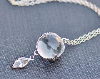GENUINE Art Deco Pools Of Light Necklace,Natural Rock Crystal Quartz Orb,Long Sterling Silver Lavaliere Pendant Necklace,Marquise,Navette