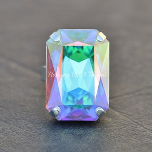LARGE Crystal Aurora Borealis Statement Ring,Large Swarovski Crystal Octagon Ring,Adjustable Silver Band Ring,Bridal,Weddings,Pastel Rainbow
