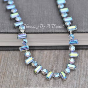 LIMITED Vintage Sapphire AB Baguette Necklace,Large Octagon Mixed Crystal Tennis Necklace,Silver Pastel Blue Shimmer,Aurora Borealis,Bride