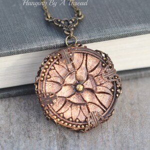 Vintage LARGE Rose Gold Glass Button Necklace,Bronze MetalliC Shimmer Glass Button Pendant,Filigree,Unique,Long,Ornate,Antique Brass,Gift